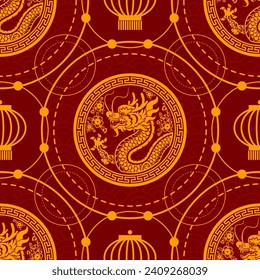 Seamless pattern happy chinese new year 2024 the dragon zodiac sign with asian elements paper cut style on color background. ( Translation : happy new year 2024 year of the dragon )