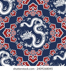 Seamless pattern happy chinese new year 2024 the dragon zodiac sign with asian elements paper cut style on color background. ( Translation : happy new year 2024 year of the dragon )