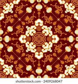 Seamless pattern happy chinese new year 2024 the dragon zodiac sign with asian elements paper cut style on color background. ( Translation : happy new year 2024 year of the dragon )