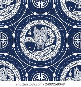 Seamless pattern happy chinese new year 2024 the dragon zodiac sign with asian elements paper cut style on color background. ( Translation : happy new year 2024 year of the dragon )