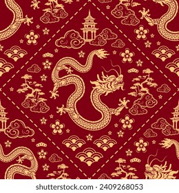 Seamless pattern happy chinese new year 2024 the dragon zodiac sign with asian elements paper cut style on color background. ( Translation : happy new year 2024 year of the dragon )