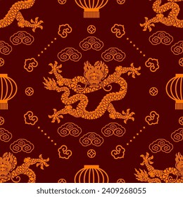 Seamless pattern happy chinese new year 2024 the dragon zodiac sign with asian elements paper cut style on color background. ( Translation : happy new year 2024 year of the dragon )