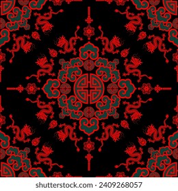 Seamless pattern happy chinese new year 2024 the dragon zodiac sign with asian elements paper cut style on color background. ( Translation : happy new year 2024 year of the dragon )