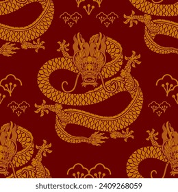 Seamless pattern happy chinese new year 2024 the dragon zodiac sign with asian elements paper cut style on color background. ( Translation : happy new year 2024 year of the dragon )