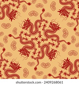 Seamless pattern happy chinese new year 2024 the dragon zodiac sign with asian elements paper cut style on color background. ( Translation : happy new year 2024 year of the dragon )