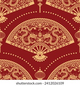 Seamless pattern happy chinese new year 2024 the dragon zodiac sign with asian elements paper cut style on color background. ( Translation : happy new year 2024 year of the dragon )