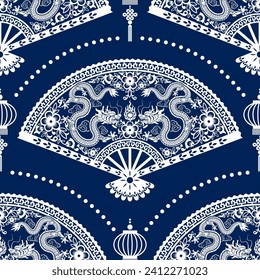 Seamless pattern happy chinese new year 2024 the dragon zodiac sign with asian elements paper cut style on color background. ( Translation : happy new year 2024 year of the dragon )