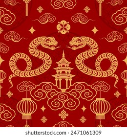 Seamless pattern happy chinese new year 2025 the snake zodiac sign with asian elements paper cut style on color background. ( Translation : happy new year 2024 year of the snake )
