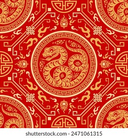 Seamless pattern happy chinese new year 2025 the snake zodiac sign with asian elements paper cut style on color background. ( Translation : happy new year 2024 year of the snake )
