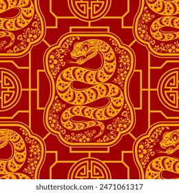 Seamless pattern happy chinese new year 2025 the snake zodiac sign with asian elements paper cut style on color background. ( Translation : happy new year 2024 year of the snake )
