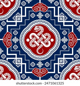 Seamless pattern happy chinese new year 2025 the snake zodiac sign with asian elements paper cut style on color background. ( Translation : happy new year 2024 year of the snake )
