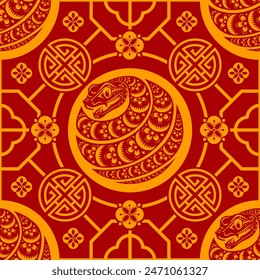 Seamless pattern happy chinese new year 2025 the snake zodiac sign with asian elements paper cut style on color background. ( Translation : happy new year 2024 year of the snake )
