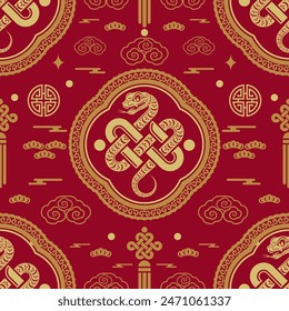 Seamless pattern happy chinese new year 2025 the snake zodiac sign with asian elements paper cut style on color background. ( Translation : happy new year 2024 year of the snake )
