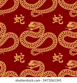 Seamless pattern happy chinese new year 2025 the snake zodiac sign with asian elements paper cut style on color background. ( Translation : happy new year 2024 year of the snake )
