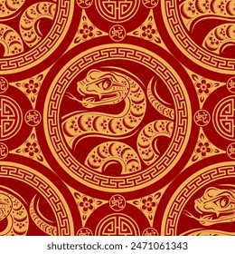 Seamless pattern happy chinese new year 2025 the snake zodiac sign with asian elements paper cut style on color background. ( Translation : happy new year 2024 year of the snake )
