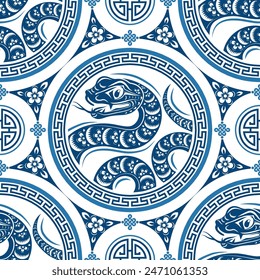 Seamless pattern happy chinese new year 2025 the snake zodiac sign with asian elements paper cut style on color background. ( Translation : happy new year 2024 year of the snake )
