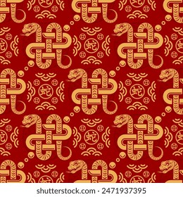 Seamless pattern happy chinese new year 2025 the snake zodiac sign with asian elements paper cut style on color background. ( Translation : happy new year 2024 year of the snake )
