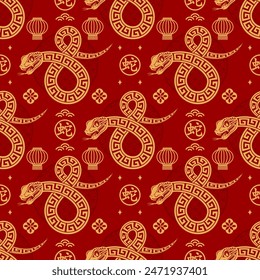 Seamless pattern happy chinese new year 2025 the snake zodiac sign with asian elements paper cut style on color background. ( Translation : happy new year 2024 year of the snake )
