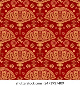 Seamless pattern happy chinese new year 2025 the snake zodiac sign with asian elements paper cut style on color background. ( Translation : happy new year 2024 year of the snake )
