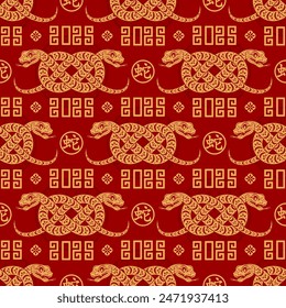 Seamless pattern happy chinese new year 2025 the snake zodiac sign with asian elements paper cut style on color background. ( Translation : happy new year 2024 year of the snake )
