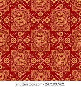 Seamless pattern happy chinese new year 2025 the snake zodiac sign with asian elements paper cut style on color background. ( Translation : happy new year 2024 year of the snake )
