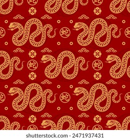 Seamless pattern happy chinese new year 2025 the snake zodiac sign with asian elements paper cut style on color background. ( Translation : happy new year 2024 year of the snake )
