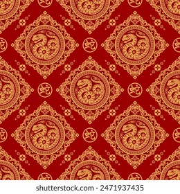 Seamless pattern happy chinese new year 2025 the snake zodiac sign with asian elements paper cut style on color background. ( Translation : happy new year 2024 year of the snake )
