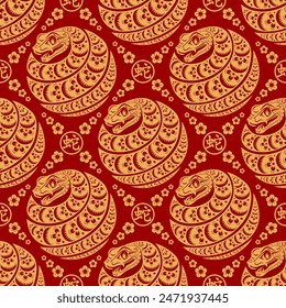 Seamless pattern happy chinese new year 2025 the snake zodiac sign with asian elements paper cut style on color background. ( Translation : happy new year 2024 year of the snake )
