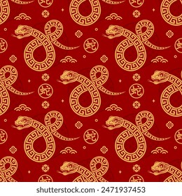 Seamless pattern happy chinese new year 2025 the snake zodiac sign with asian elements paper cut style on color background. ( Translation : happy new year 2024 year of the snake )
