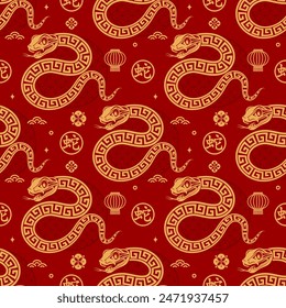 Seamless pattern happy chinese new year 2025 the snake zodiac sign with asian elements paper cut style on color background. ( Translation : happy new year 2024 year of the snake )
