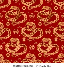 Seamless pattern happy chinese new year 2025 the snake zodiac sign with asian elements paper cut style on color background. ( Translation : happy new year 2024 year of the snake )
