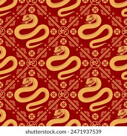 Seamless pattern happy chinese new year 2025 the snake zodiac sign with asian elements paper cut style on color background. ( Translation : happy new year 2024 year of the snake )
