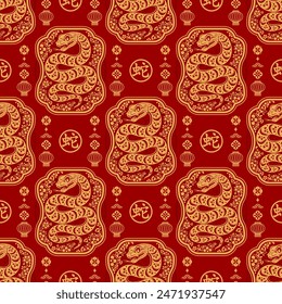 Seamless pattern happy chinese new year 2025 the snake zodiac sign with asian elements paper cut style on color background. ( Translation : happy new year 2024 year of the snake )
