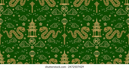 Seamless pattern happy chinese new year 2025 the snake zodiac sign with asian elements paper cut style on color background. ( Translation : happy new year 2024 year of the snake )
