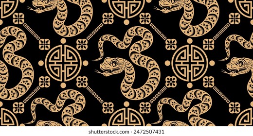 Seamless pattern happy chinese new year 2025 the snake zodiac sign with asian elements paper cut style on color background. ( Translation : happy new year 2024 year of the snake )
