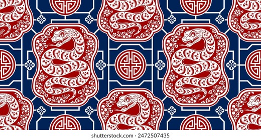 Seamless pattern happy chinese new year 2025 the snake zodiac sign with asian elements paper cut style on color background. ( Translation : happy new year 2024 year of the snake )
