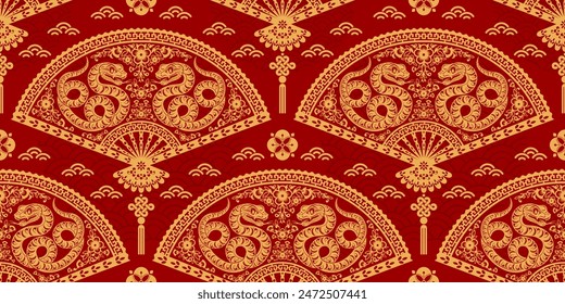 Seamless pattern happy chinese new year 2025 the snake zodiac sign with asian elements paper cut style on color background. ( Translation : happy new year 2024 year of the snake )
