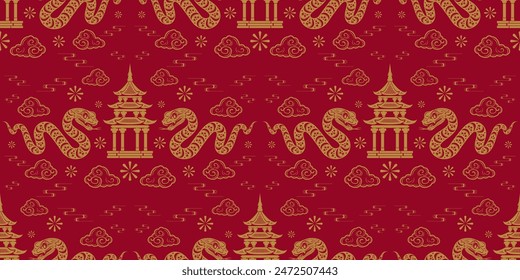 Seamless pattern happy chinese new year 2025 the snake zodiac sign with asian elements paper cut style on color background. ( Translation : happy new year 2024 year of the snake )
