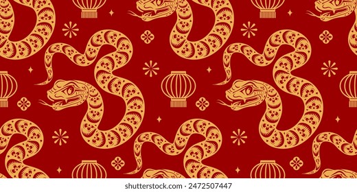 Seamless pattern happy chinese new year 2025 the snake zodiac sign with asian elements paper cut style on color background. ( Translation : happy new year 2024 year of the snake )
