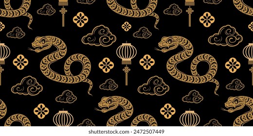 Seamless pattern happy chinese new year 2025 the snake zodiac sign with asian elements paper cut style on color background. ( Translation : happy new year 2024 year of the snake )
