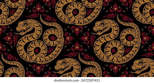 Seamless pattern happy chinese new year 2025 the snake zodiac sign with asian elements paper cut style on color background. ( Translation : happy new year 2024 year of the snake )
