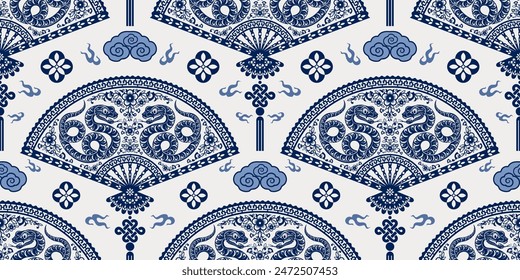 Seamless pattern happy chinese new year 2025 the snake zodiac sign with asian elements paper cut style on color background. ( Translation : happy new year 2024 year of the snake )
