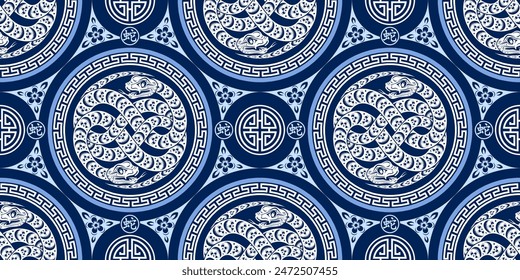 Seamless pattern happy chinese new year 2025 the snake zodiac sign with asian elements paper cut style on color background. ( Translation : happy new year 2024 year of the snake )
