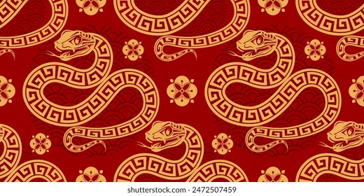 Seamless pattern happy chinese new year 2025 the snake zodiac sign with asian elements paper cut style on color background. ( Translation : happy new year 2024 year of the snake )
