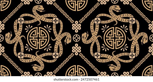 Seamless pattern happy chinese new year 2025 the snake zodiac sign with asian elements paper cut style on color background. ( Translation : happy new year 2024 year of the snake )
