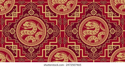 Seamless pattern happy chinese new year 2025 the snake zodiac sign with asian elements paper cut style on color background. ( Translation : happy new year 2024 year of the snake )
