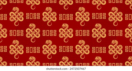 Seamless pattern happy chinese new year 2025 the snake zodiac sign with asian elements paper cut style on color background. ( Translation : happy new year 2024 year of the snake )
