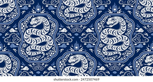 Seamless pattern happy chinese new year 2025 the snake zodiac sign with asian elements paper cut style on color background. ( Translation : happy new year 2024 year of the snake )
