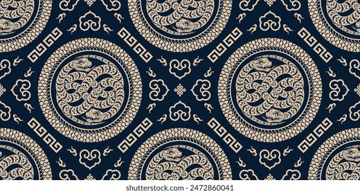 Seamless pattern happy chinese new year 2025 the snake zodiac sign with asian elements paper cut style on color background. ( Translation : happy new year 2024 year of the snake )
