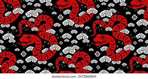 Seamless pattern happy chinese new year 2025 the snake zodiac sign with asian elements paper cut style on color background. ( Translation : happy new year 2024 year of the snake )
